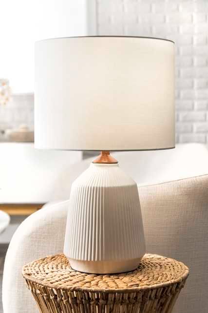 Design by Melissa | Havenly Cream Lamps, Table Lamps Living Room, Ceramic Table Lamp, Rugs Usa, Chandelier Design, Drum Lampshade, White Table Lamp, Ceramic Lamp, White Table