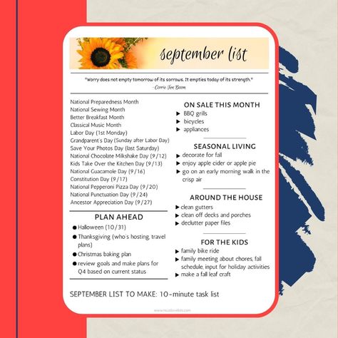 Celebrate, plan ahead, get things done, and have fun! Here's what to do in September. What To Do In September, September List, Yearly To Do List, Easy Journal Ideas, Deaf Awareness Month, Date Myself, National Holiday Calendar, National Preparedness Month, Life Organization Binder