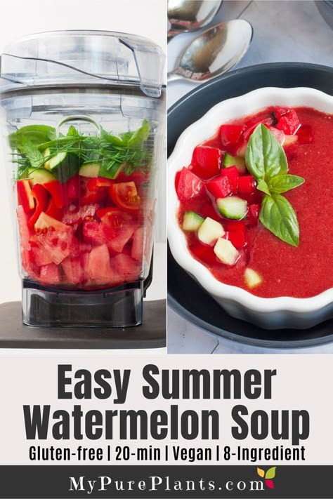 Cold Soup Recipes Summer, Authentic Gazpacho Recipe, Healthy Vegan Fall Recipes, Vegan Quick Meals, Watermelon Gazpacho Recipe, Soup Toppings, Chilled Soup Recipes, Watermelon Soup, Cold Soup Recipes