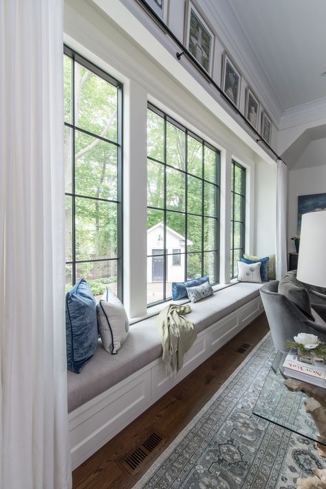 Family Room Window Seat, Extra Long Window Seat, Window Bench Ideas Living Room, Large Window Seat Living Room, Long Window Seat Living Room, Under Window Seating Living Room, Window Seat Extension, Large Window Seat Ideas, Long Bench Under Window