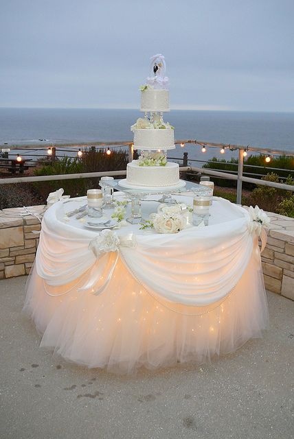 Lighting under dessert table would be nice for the cake table and especially for an evening wedding outside... Cake Table Decorations Quinceanera, Rustic Wedding Decorations, Cake Table Decorations, Wedding Cake Table, Table Skirt, Cake Table, Diy Wedding Decorations, Romantic Weddings, Beautiful Table