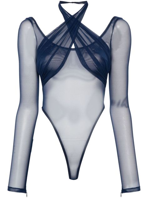 Find LAQUAN SMITH Mesh Layered Bodysuit on Editorialist. Navy blue Stretch mesh design Layered effect Scoop and halter neck Long sleeves Low back Zip rear fastening High cut Unlined Made in the US Just a reminder that this piece must be tried on over your own garments. Fish Net Bodysuit, Mason Alexander Park, Ballet Box, Plunge Bodysuit, Laquan Smith, Mock Neck Bodysuit, Halter Bodysuit, Backless Bodysuit, Bodysuit Designs