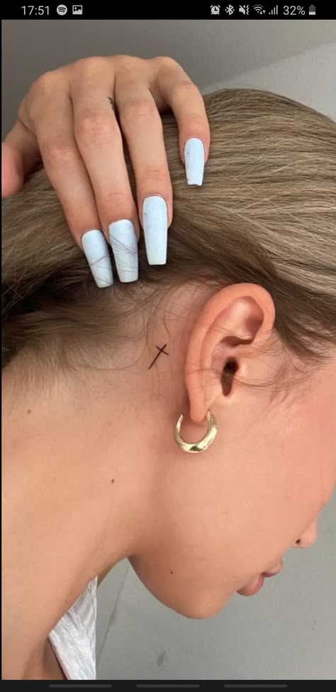 Tiny Cross Behind Ear Tattoo, Cross Ear Tattoo, White Tattoo Cross, Cross Behind Ear, Cross Tattoo Behind Ear, Cross Behind Ear Tattoo, Cross Tattoo Neck, Tiny Cross Tattoo, Inner Lip Tattoo