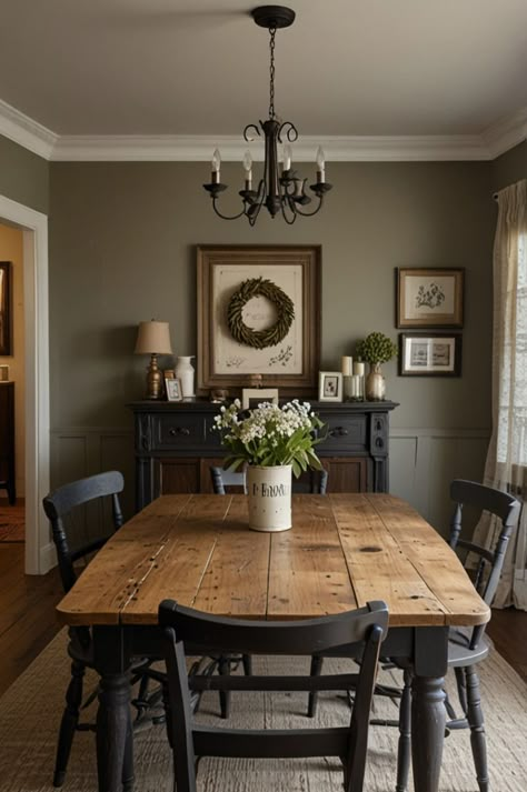 Farmhouse Black Kitchen Table, Small White Dining Room Ideas, French Grey Dining Room, Dining Rooms With Buffets, Dark Green Panelling Dining Room, Black Top White Legs Dining Table, Dining Room Home Decor, Modern French Country Dining Room Table, Old Dining Table Modern Chairs