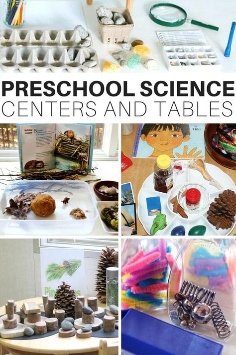 Easy preschool science center, preschool discovery centers, and preschool discovery tables for home or classroom use. Explore preschool science with child led science activities on a variety of themes. Plus read about science centers from teachers! Science Dramatic Play Preschool, Science Area Preschool Classroom, Science Center Preschool Set Up, Preschool Science Area, Preschool Science Center Ideas, Preschool Science Centers, Science Area Preschool, Preschool Science Center, Discovery Table