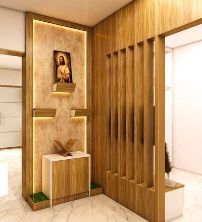 Lighting, Home Decor, Prayer Room, Storage, Flooring Designs by Interior Designer unni Krishnan, Ernakulam | Kolo Roopakoodu Christian Home, Prayer Unit Design Christian, Lobby Interior Design Home Indian, Prayer Area Ideas Home Christian, Altar Design Home, Altar Design Home Catholic, Christian Prayer Room Design, Prayer Room Ideas Decor Christian, Catholic Home Altar Ideas Living Rooms