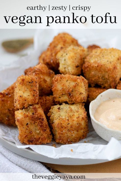 These breaded tofu cubes are coated in vegan batter and crispy seasoned panko breadcrumbs, then pan-fried until crunchy and perfectly golden. They're so easy to make and are a great vegan protein source. Serve atop a nutritious grain bowl, with noodles or rice, or just eat them as is! Crispy Fried Tofu Recipe, Panko Tofu, Dorm Foods, Panko Bread Crumbs Recipe, Panko Recipes, Snacks Lunch Ideas, Pescatarian Food, Tofu Sushi, Vegan Appetizer Recipes