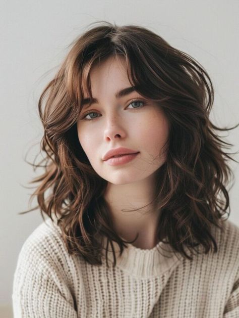 Best Mid Length Hair with Layers: Bangs, Lobs, Side Parts, and More Lob With Side Parting, Medium Length Haircut For Thick Hair Bangs, 2025 Mid Length Hair, Mid Hair Layered Haircuts, Mid Length Wavy Hair Styles, Side Bangs Mid Length Hair, Wavy Long Bob With Bangs, Mid Length Layers With Curtain Bangs, Wavy Mid Length Hair With Bangs