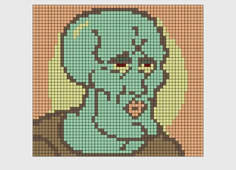 Handsome Squidward Perler Beads, Pixel Art Squidward, Alpha Patterns Spongebob, Squidward Perler Beads, Pixel Art Pattern Spongebob, Squidward Pixel Art, Alpha Pattern Spongebob, Spongebob Pixel Art Grid, Spongebob Cross Stitch Pattern