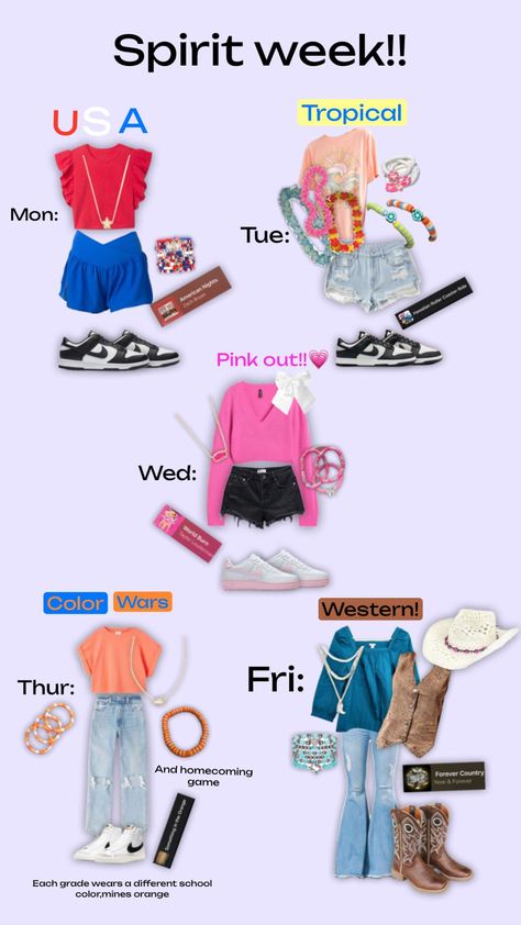 Spirit week outfits!! (For my school) #school #spiritweekoutfits #homecoming #popular #usa #tropical #pinkout #colorwars #orange #western School Spirit Outfit, Homecoming Spirit Week, School Spirit Week, School Spirit Days, Homecoming Spirit, Spirit Week Outfits, Color Wars, Week Outfits, Homecoming Week