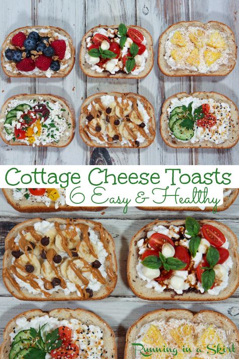 Looking for Cottage Cheese Toast Ideas? Here's an all-inclusive list of the best sweet and savory Cottage Cheese Toasts that just happens to be a high protein, vitamin-rich snack or breakfast that comes together in just 5 minutes. Toast And Cottage Cheese, High Protein Toast Toppings, Cheba Hut Recipes, Cottage Cheese Air Fryer Toast, Cottage Cheese Breakfast Toast, Cottage Cheese Tomato Toast, Savory Cottage Cheese Toast, Cottage Cheese Recipes Healthy Snack, Cottage Cheese English Muffin