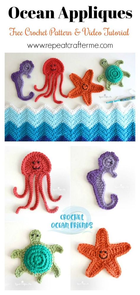 Ocean Starfish Jellyfish Turtle Seahorse Applique Free Crochet Pattern and Video Tutorial Crochet Flat Turtle Pattern Free, Nautical Crochet Patterns Free, Sea Applique, Beach Applique, Nautical Crochet, Bernat Super Value Yarn, Turtle Blanket, Applique Patterns Free, Crochet Sea Creatures