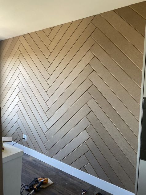 Herringbone Accent Wall - DIY - Home With Krissy Shiplap Diagonal Wall, Chevron Panel Wall, Herringbone Wall Panel, Herribone Accent Wall, Heiring Bone Accent Wall, Accent Walls Hallway, Diy Decorative Wall Panels, Modern Organic Accent Wall, Small Space Accent Wall