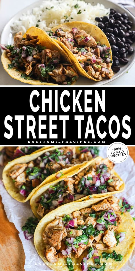 These street chicken tacos are a FAVORITE and they’ll be one of yours too! A zippy lime marinade makes the chicken thigh taco filling extra juicy and flavorful, while a simple homemade salsa topping is the perfect finishing touch. Add warm corn tortillas and you’ve got a winning weeknight dinner that the whole family will love! Street Chicken Tacos, Easy Street Tacos, Chicken Street Tacos Recipe, Street Tacos Chicken, Mexican Chicken Marinade, Street Tacos Recipe, Chicken Street Tacos, Tacos At Home, Street Chicken