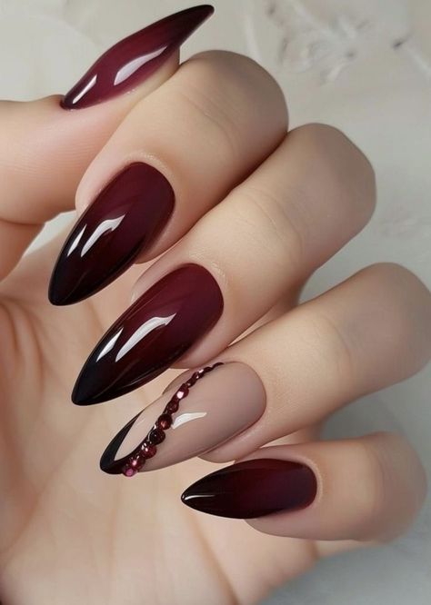 Matte Wine Red Nails, Winter Nails Maroon, Dark Colour Nail Art, Maroon Acrylic Nails Design, Burgundy Almond Nails Design, Nails Vino, Dark Red Nail Designs, Bordo Nails, Dark Burgundy Nails