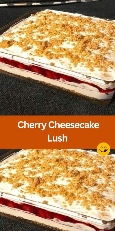 Looking for a dessert that's both delicious and visually stunning? Try our Cherry Cheesecake Lush recipe! This easy-to-make dessert features layers of golden oreo crust, creamy cheesecake filling, and sweet cherry pie topping, all topped with whipped topping and chopped nuts. Perfect for parties, potlucks, or any sweet craving! Cherry Cheesecake Lush Dessert, Cherry Cheescake, Cherry Cheesecake Lush, Creamy Potato Bacon Soup, Cheesecake Deserts, Golden Oreo Crust, Cheesecake Lush, Pie Topping, Lush Recipes