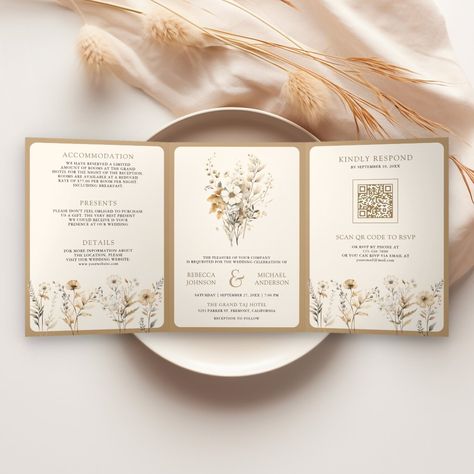 Fall Autumn Boho Wildflower Photo QR Code Wedding Tri-Fold Invitation Elegant Wedding Invitations Classy, Elegant Mexican Wedding, Fall Wedding Invites, Trifold Wedding Invitations, Mansion Inspiration, Autumn Wedding Invitations, Cricut Wedding Invitations, Wildflower Photo, Elegant Wedding Invitation Card