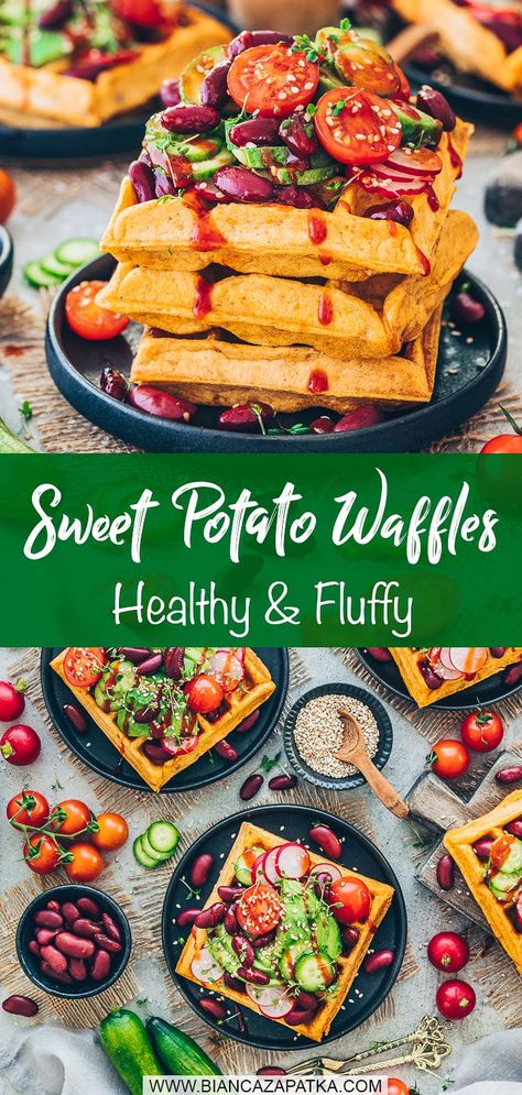 Sweet Potato Waffles (Savory or Sweet) An easy recipe for delicious, fluffy, soft, vegan sweet potato waffles made with simple ingredients and no eggs, butter or dairy! They can be made, savory or sweet or gluten-free and are perfect for breakfast, as a snack or quick lunch or dinner! Sweet Potato Waffles Savory, Vegan Sweet Potato Waffles, Vegan Savory Waffles, Gluten Free Vegan Waffles, Sweet Potato Waffle Recipe, Sweet Potato Waffles Healthy, Vegan Gluten Free Waffles, Vegan Cheesecake Easy, Waffles Savory