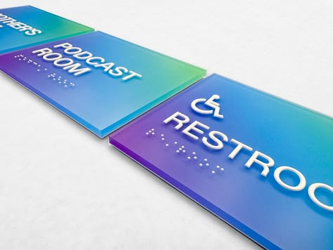 solana-gradient-ada-room-signs-9 Gradient Signage, Modern Signage Design, Colorful Signage, Product Signage, Environmental Signs, Podium Product, Ada Signage, Glass Signage, Environmental Branding