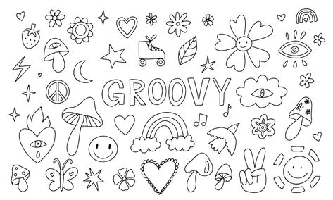 Groovy Flash Tattoo, 70s Doodles, Retro Doodles, Retro Doodles 70s, Hippie Doodles, Groovy Flower Tattoo, Groovy Tattoo, Flower Power Doodles, Groovy Clipart