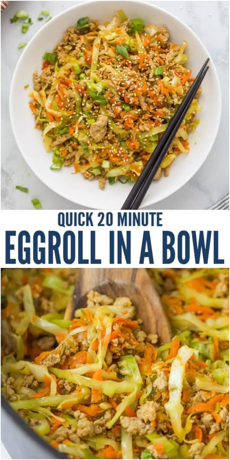 This 20-minute Egg Roll in a Bowl is the perfect quick and easy weeknight dinner. Ground turkey is cooked with scallions, ginger and garlic then tossed with cabbage, carrots, sriracha and soy sauce. It tastes just like the fried egg roll filling from your favorite restaurant - but without the grease. #eggroll #asianfood #bowlrecipes #lowcarbrecipes #ketorecipes #dinnerideas Sunny Anderson Egg Roll Bowl, Fried Cabbage Bowl, Eggroll In A Bowl Sauce, Egg Roll In A Bowl With Chicken, Cabbage Spring Roll Recipe, Turkey Egg Roll In A Bowl, Cabbage Roll Bowl, Cabbage Roll In A Bowl, Dinner Ground Turkey