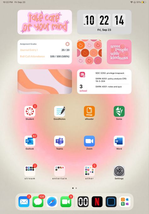 Ipad Air Organization Homescreen, Asethic Ipad Homescreen, Ipad Set Up Ideas Homescreen School, Pink Ipad Setup Homescreen, Asthetic Ipad Organization, Ipad Organisation Aesthetic, Ipad Homescreen Ideas Vertical, Ipad Home Screen Layout Aesthetic Pink, Ipad Wigitsmith Ideas