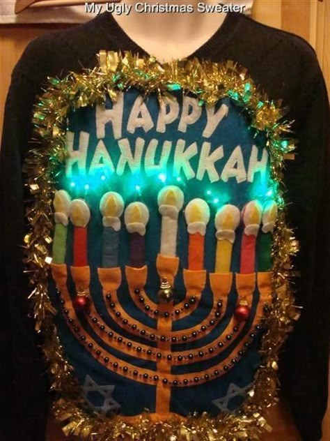 Ugly Hanukkah Sweaters Hannukah Sweater, Diy Ugly Sweater, Ugly Hanukkah Sweater, Sweater Party Ideas, Diy Hanukkah, Happy Hannukah, Ugly Christmas Sweater Ideas, Hanukkah Sweater, Ugly Sweater Ideas