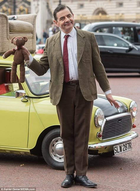 Still going strong: Button-eyed Teddy was also along for the celebratory ride Mister Bean, Mr Bin, Mr Bean Funny, British Icons, Rowan Atkinson, Mini Cooper Classic, Photo Star, Austin Mini, Mr Bean