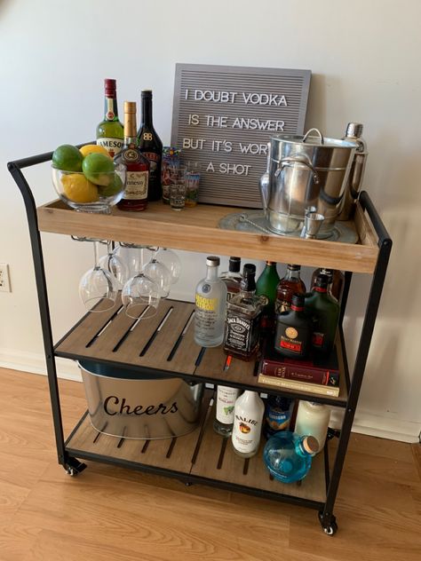 My first bar cart, complete with ice bucket, shaker, lemon/lime bowl, wine glasses, bar books, and, of course, whiskey! Bar Cart Whiskey, Bar Caddy Ideas, Bar Cart Ideas Apartments, Whiskey Bar Cart, Mini Bar Area, Liquor Cart, Bart Cart, Hosting Ideas, Living Room Dining Room Combo