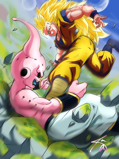 Crédito/Credit by: @Tatunoreusu on twitter Link (Visitar/visit) Goku Vs Kid Buu, Kid Buu, Ball Image, Twitter Link, Art Dragon, Goku Vs, Dragon Ball Image, Goku Super, Manga Collection