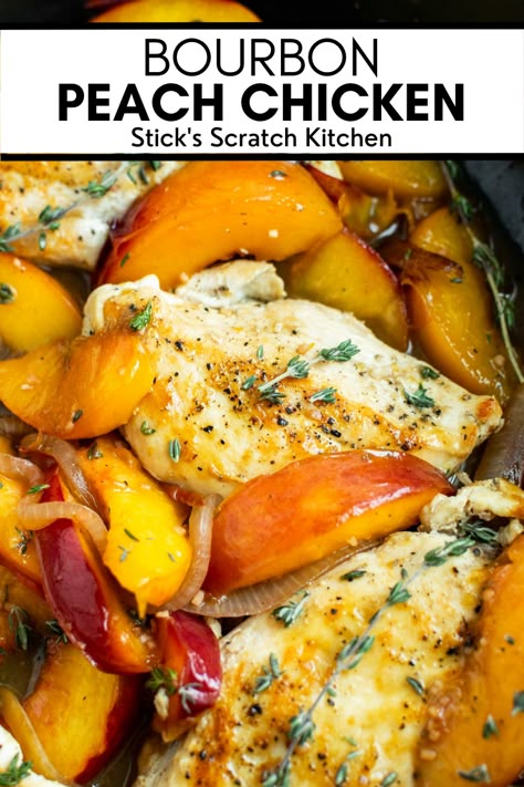 Bourbon peach chicken is a vibrant, colorful summer dish that pairs savory browned chicken with tart juicy peaches and a sweet bourbon pan sauce. This dish only requires one pan and a few simple ingredients, making cooking and clean up a cinch. And did we mention it comes together in just 30 minutes? Pair it with your favorite side salad, cooked grains, or pasta salad to round out this dish. #peachchicken #peachrecipes #chickenrecipes #chicken #healthychicken #easydinner #summerrecipes Chicken And Pears Recipes, Chicken With Peaches Recipes, Peach Chicken Recipes, Peach Bourbon Chicken, Chicken And Peaches Recipe, Peach Chicken Salad, Chicken And Peaches, Burbon Chicken, Peach Chicken