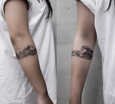 Wave armband tattoo by Aki Wong - Tattoogrid.net Wave Armband Tattoo, Forearm Band Tattoos, Band Tattoos, Wave Tattoo, Ocean Tattoos, Arm Band Tattoo, Aesthetic Tattoos, Waves Tattoo, Band Tattoo