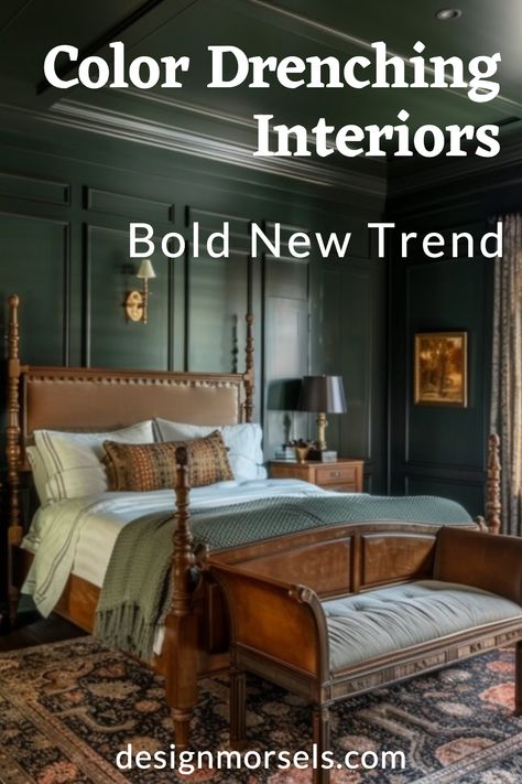 color drenching interiors bold new trend Color Drenched Master Bed, Color Drenching Green Bedroom, Master Bedrooms Color Drench, Navy Olive Bedroom, Cascades Sherwin Williams Bedroom, Double Drenching Bedroom, Dark Academia Bedroom Paint Colors, Dark Green Color Drenching, Bedroom Color Drench