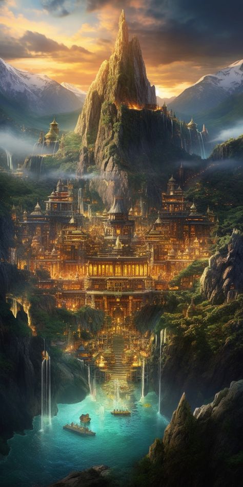 Prompt: Mystical ancient fantastic city among mountains, realistic style #midjourneyart Flying City Fantasy Concept Art, Mountain Kingdom Fantasy Art, City In Mountain, Fantasy Places Mystic, Fantasy Landscape Concept Art, Fantasy World Landscapes, Mystical Mountains, City In The Mountains, Fantasy Cities