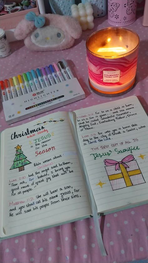 Christmas bible study!! 🎄 | 🛍: highlighters from shein, candle from bath and body works <3 | 🏷: #bible #biblestudy #christian #christmas #christiangirl #god #jesuslovesyou Christmas, Bible study, Bible, Christian girl | 💌 Christmas Eve Bible Study, Decorate Your Bible Ideas, Christmas Bible Study For Teens, Christmas Bible Study For Women, Bible Journaling Christmas, Christmas Bible Journaling Ideas, Christian Sleepover Ideas, Miriam Bible, Bible Essentials