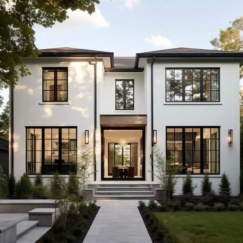 Large Black Windows Exterior, Black White And Wood House Exterior Modern, White House Big Windows, Dream House White Modern, Black Glass Windows Exterior, Homes With Big Windows Exterior, Black And White Facade House, Modern Style Homes Exterior, Modern Home Black And White