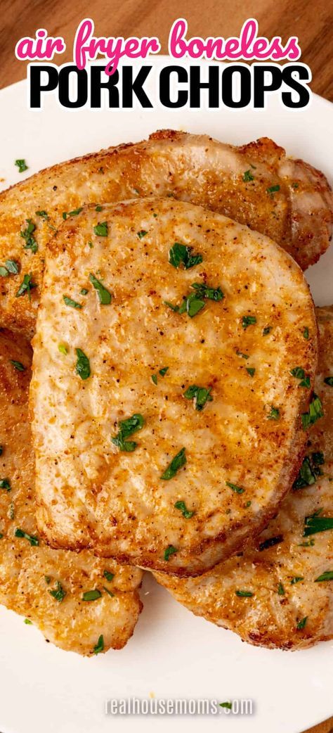 Tender, juicy, and oh so easy! Air Fryer Boneless Pork Chops are a savory, scrumptious, super easy weeknight dinner the whole family loves! #Realhousemoms #airfryer #boneless #porkchops #savory #easyrecipe #weekightdinner #familylove #summerrecipe #maindish Pork Tenderloin Chops Boneless, Air Fryer Boneless Pork Chops Recipes, Boneless Pork Chop Air Fryer Recipes, Tender Boneless Pork Chop Recipes, Air Fryer Pork Chops Boneless, Easy Air Fryer Pork Chops, Air Fryer Boneless Pork Chops, Baked Boneless Pork Chop Recipes, Fried Boneless Pork Chops