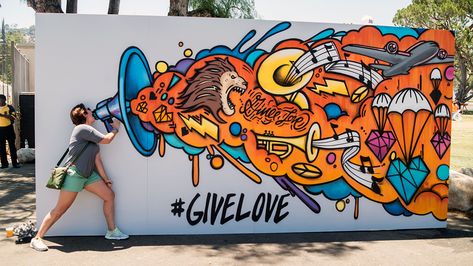 An interactive photo backdrop wall for a music festival in Pasadena, CA.  This piece was created for Andy Grammer and his #GiveLove campaign.  We specialize in consulting and producing music festival art all over the country.  Visit our website or call 646-801-6024 to chat about partnering for your music festival event. Selfie Wall, School Murals, Street Mural, Banksy Graffiti, Graffiti Murals, Interactive Art, Murals Street Art, Graffiti Wall Art, Mural Design