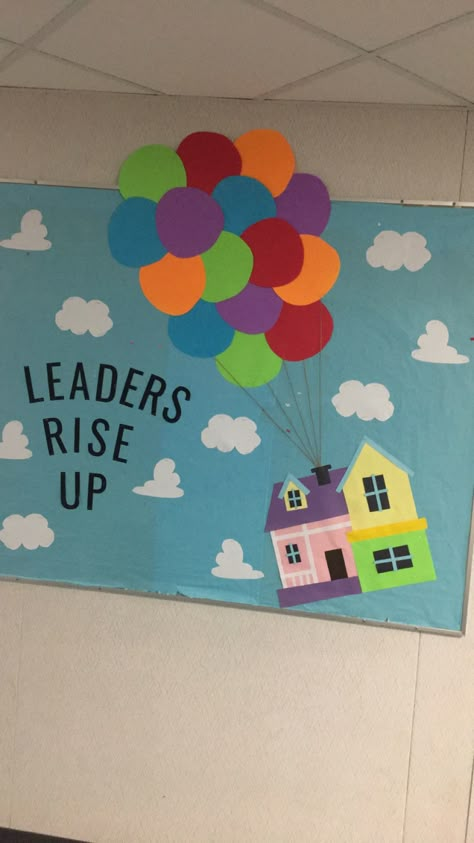 Forward Together Theme, We Are Leaders Bulletin Board, Rise Up Bulletin Board Ideas, Ballon Bulletin Board Ideas, Look What We Can Do Bulletin Board, Up House Bulletin Board, Leadership Ra Bulletin Boards, Leadership Boards Ideas, Up Theme Bulletin Board