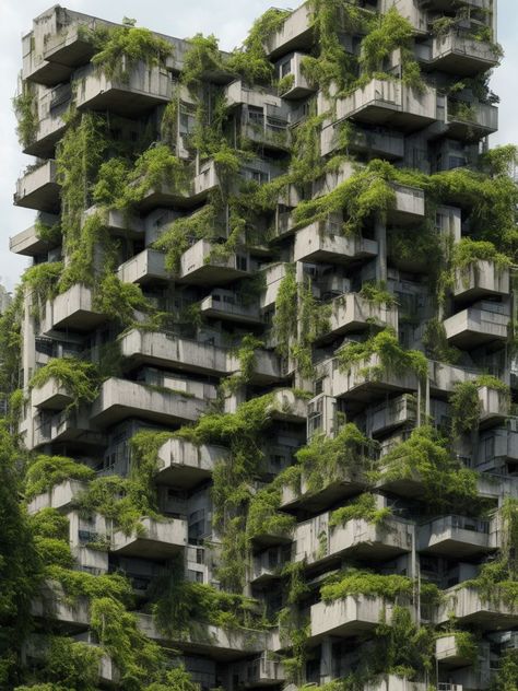 Plants And Architecture, Brutalist Architecture With Plants, Dystopian Architecture Concept, Eco Brutalism Architecture, Dystopian Buildings, Dystopian Architecture, Eco Brutalism, Overgrown City, Dystopian City