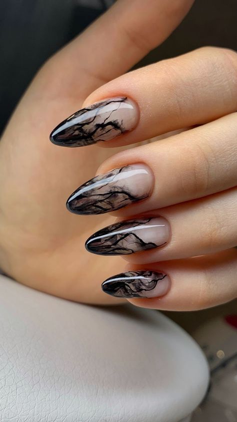 Gray Black Ombre Nails, Grunge Almond Nails Designs, Clean Black Nail Designs, Onyx Storm Themed Nails, Gothic Simple Nails, Black Finger Nail Designs, Black Design Nail Art, Black Abstract Nail Art, Black Watercolor Nails