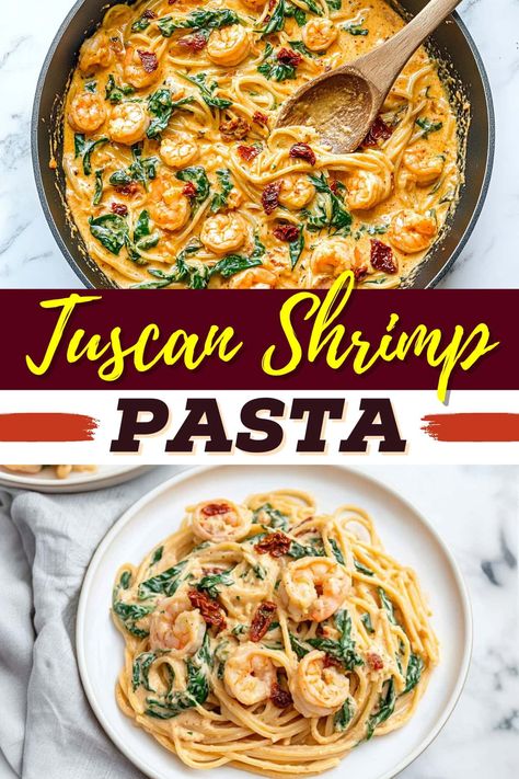 This creamy Tuscan shrimp pasta is so rich and delicious! It's a restaurant-worthy meal that's easy to make in your own kitchen. Shrimp Tuscan Pasta Recipes, Tuscan Shrimp And Spinach Pasta, Tuscany Shrimp Pasta, Shrimp And Kale Pasta, Shrimp Sundried Tomato Pasta, Shrimp Pasta Sun Dried Tomatoes Recipes, Tuscan Shrimp Pasta Recipe, Creamy Tuscan Shrimp Pasta, Shrimp Tuscan Pasta