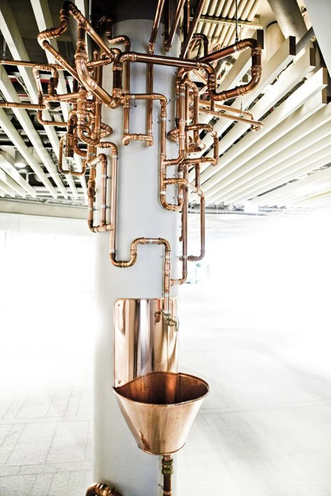 Copper Pipe Art, Mini Cafeteria, Fountain Art, Steampunk Interior, Urban Industrial Decor, Copper Pipes, Drinking Fountains, Drinking Fountain, Copper Art