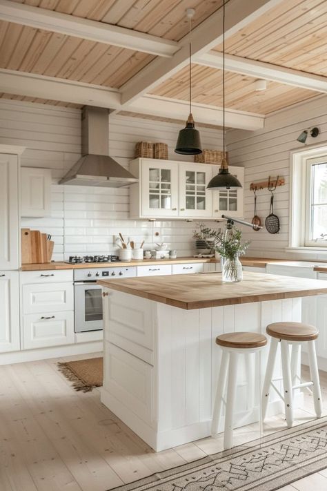 Pine And White Kitchen, White Kitchen With Wood Hood, Scandinavian Rustic Interior Design, Scandanavian Interiors Kitchens, Scandinavian Home Decor Ideas, Kitchen Island Scandinavian, Scandinavian Interior Design Kitchen, House Interior Scandinavian, Scandinavian Kitchen Renovation