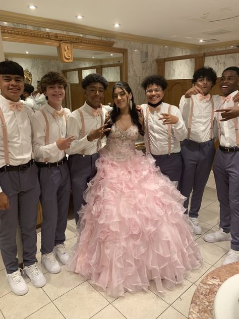 Quince Friend Dresses, Chambelanes Outfits Quinceanera Pink And Gold, Pink Sweet 16 Court Dresses, Blush Pink Chambelan Outfits, Pink Quince Court Dresses, Quince Chambelanes Outfits White, Quince Dama Outfits, Court Outfits Quinceanera, Blush Chambelanes Outfits