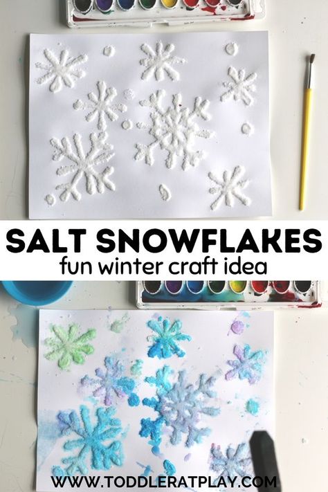 Ice And Snow Crafts For Preschool, Snow Day Toddler Crafts, Snowday Crafts For Kids, Toddler Art For January, January Church Crafts For Kids, Snow Art For Preschoolers, Snow And Winter Activities, Snow Crafts Kindergarten, Salt Watercolor Snowflake