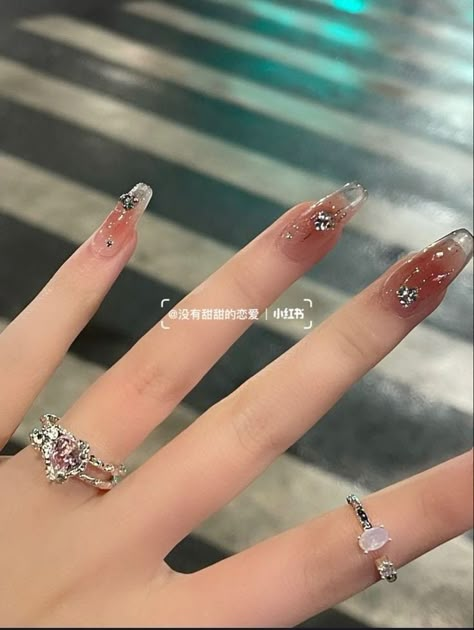 Cute Nails Acrylic Korean, Korean Nails Inspo Aesthetic, Acrylic Korean Nails, Korean Soft Nails, Korean Douyin Nails, Jelly Rhinestone Nails, Korean Nails Almond Shape, Jelly Blue Nails Korean, Korean Nail Art Gems