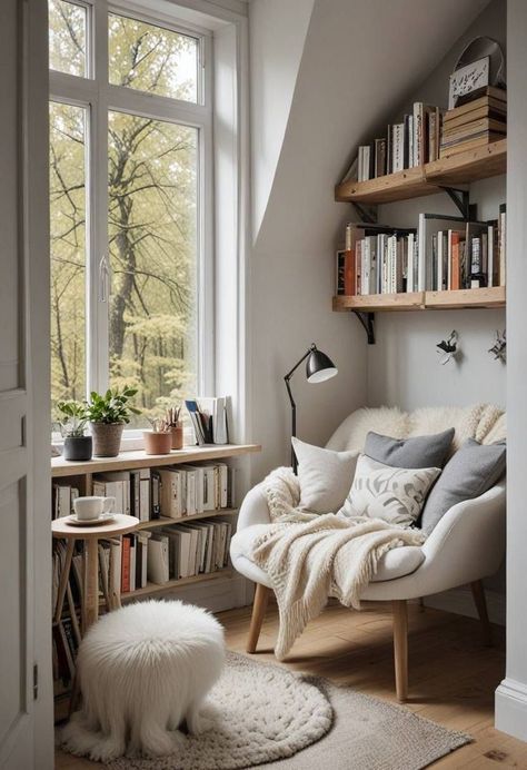 Bedroom Window Reading Nook, Reading Nook And Office, Cozy Room Corner Ideas, Book Corner Ideas Bedroom Cozy Nook Reading Areas Decor, Library Nook Ideas Cozy Corner, Cosy Corner Living Room, Cozy Reading Corner Bedroom, Small Reading Room, Reading Room Ideas Cozy