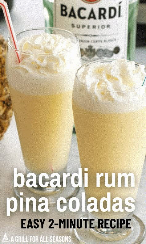 Are you craving a tropical drink? This Bacardi Pina Colada Recipe is calling your name. Make a Classic Frozen Piña Colada with Bacardi rum. The pineapple flavor paired with Bacardi superior rum creates a high quality cocktail that everyone will love. You can make a delicious cocktail full of truly tropical taste right at home. Cocktail Recipes Bacardi, Coconut Bacardi Drinks, Bacardi Pineapple Rum Drinks, Cocktails With Bacardi Rum, Pina Colada Mimosa, Raspberry Pina Colada Recipe, Bacardi White Rum Cocktails, Bacardi Rum Drinks Recipes, Bacardi Rum Drinks Easy