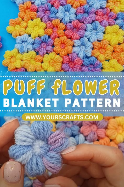 PUFF FLOWER BLANKET Puff Stitch Flower Blanket, Crochet Flowers Blanket Free Pattern, Free Puff Flower Crochet Pattern, Crochet Flowers Afghan Free Pattern, Afghan Flower Crochet, Puff Flower Blanket Crochet, Puff Blanket Crochet, Crochet Puffy Flowers Free Pattern, Crochet Flowers Blanket